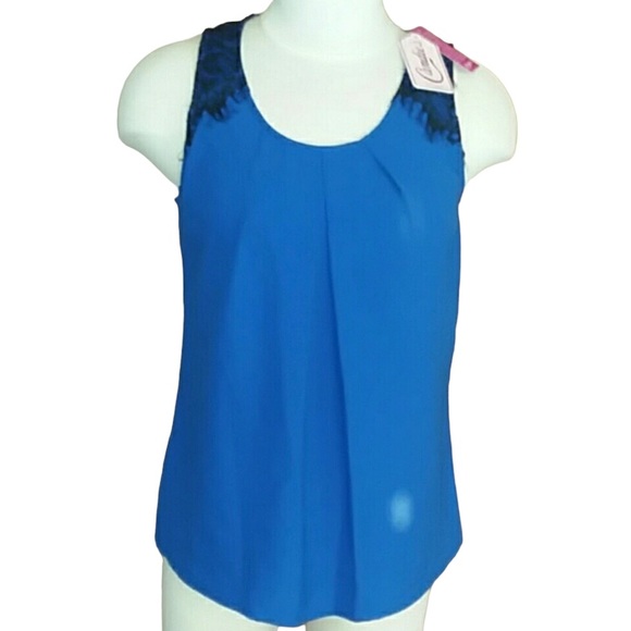 Blue sleeveless top with black lace - Picture 4 of 8